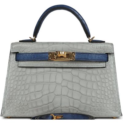 Hermès Kelly Sellier Mini II Special Order HSS Gris Perle / Blue de Malte Matte Crocodile Alligator GHW