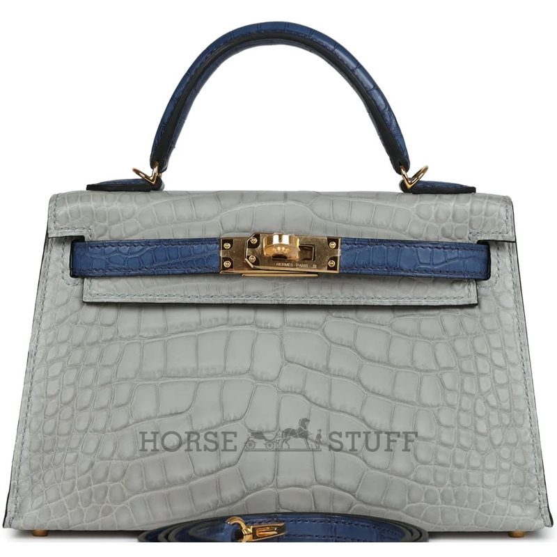 Hermès Kelly Sellier Mini II Special Order HSS Gris Perle / Blue de Malte Matte Crocodile Alligator GHW