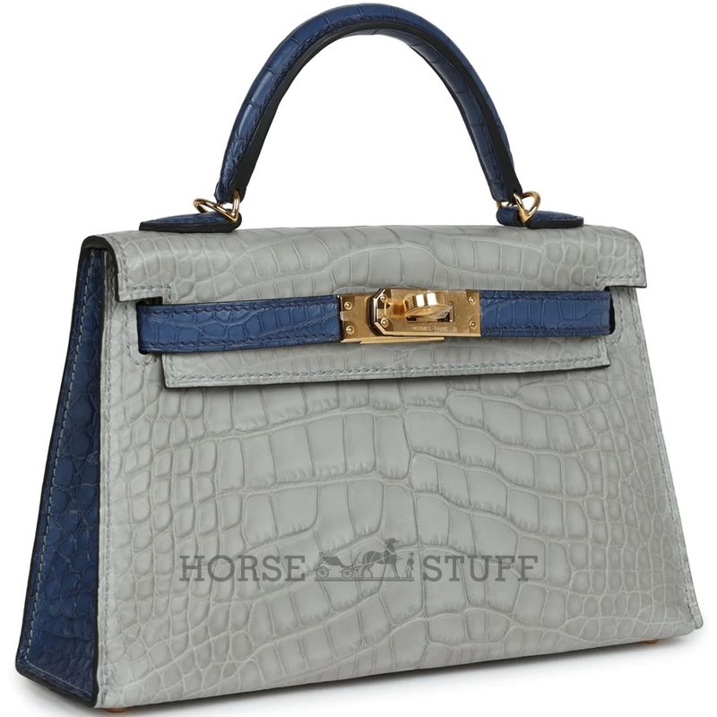 Hermès Kelly Sellier Mini II Special Order HSS Gris Perle / Blue de Malte Matte Crocodile Alligator GHW