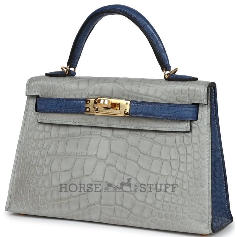 Hermès Kelly Sellier Mini II Special Order HSS Gris Perle / Blue de Malte Matte Crocodile Alligator GHW