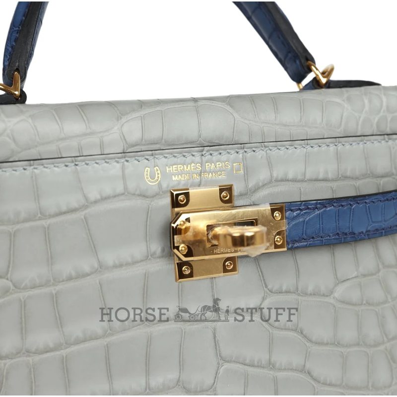 Hermès Kelly Sellier Mini II Special Order HSS Gris Perle / Blue de Malte Matte Crocodile Alligator GHW