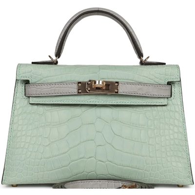 Hermès Kelly Sellier Mini II Special Order HSS Vert d' Eau / Gris Perle Matte Crocodile Alligator Permabrass