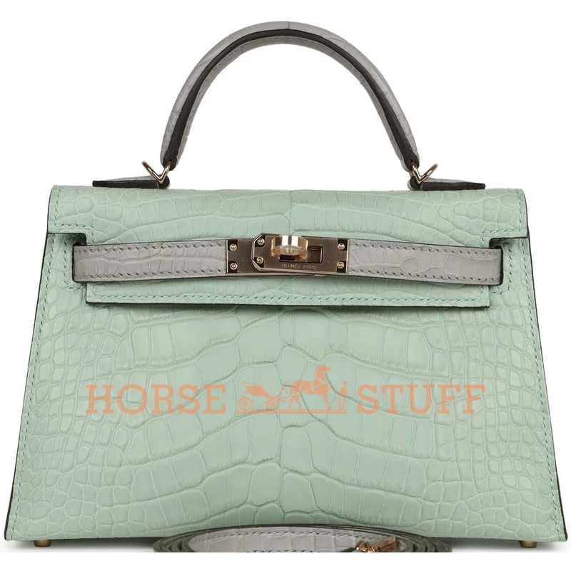 Hermès Kelly Sellier Mini II Special Order HSS Vert d' Eau / Gris Perle Matte Crocodile Alligator Permabrass