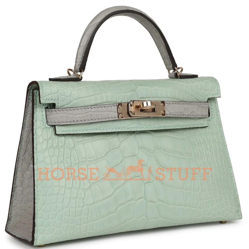 Hermès Kelly Sellier Mini II Special Order HSS Vert d' Eau / Gris Perle Matte Crocodile Alligator Permabrass