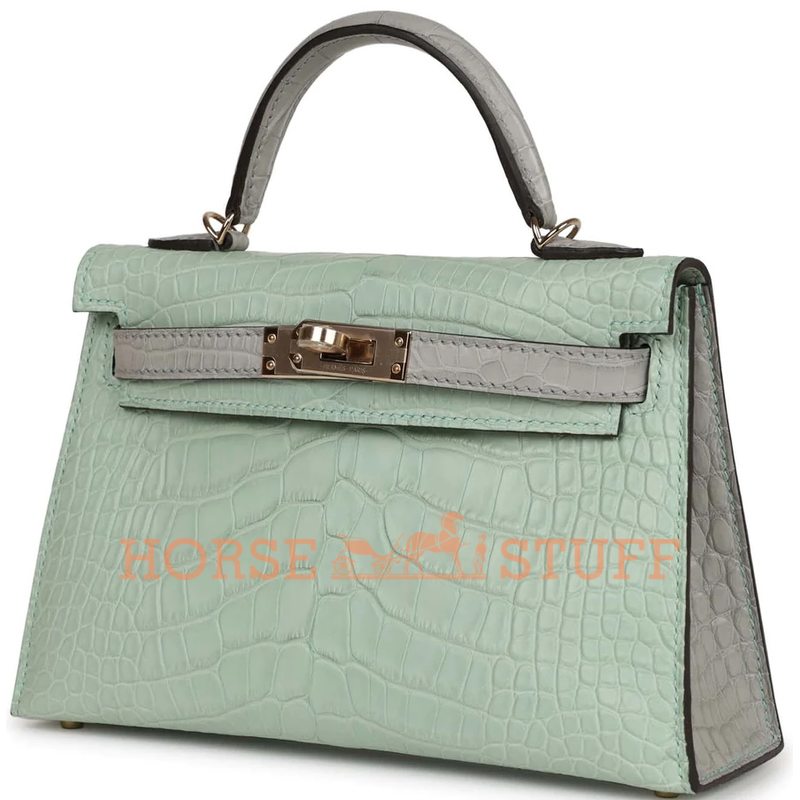 Hermès Kelly Sellier Mini II Special Order HSS Vert d' Eau / Gris Perle Matte Crocodile Alligator Permabrass