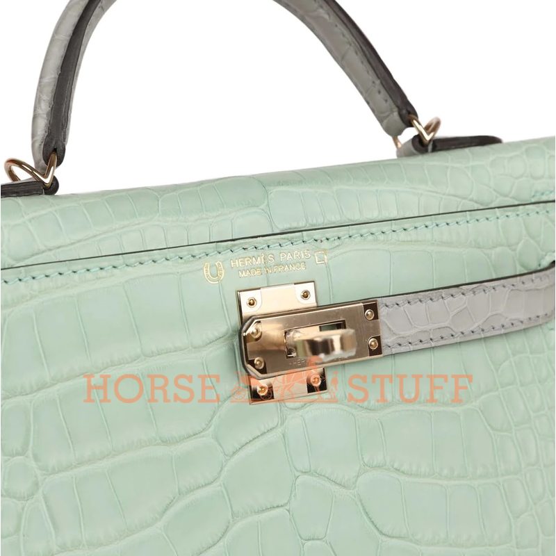 Hermès Kelly Sellier Mini II Special Order HSS Vert d' Eau / Gris Perle Matte Crocodile Alligator Permabrass