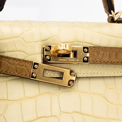 Hermès Kelly Sellier Mini II Special Order HSS Vanilla / Kraft Matte Crocodile Alligator GHW