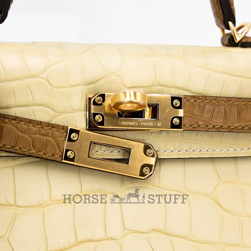Hermès Kelly Sellier Mini II Special Order HSS Vanilla / Kraft Matte Crocodile Alligator GHW