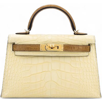 Hermès Kelly Sellier Mini II Special Order HSS Vanilla / Kraft Matte Crocodile Alligator GHW