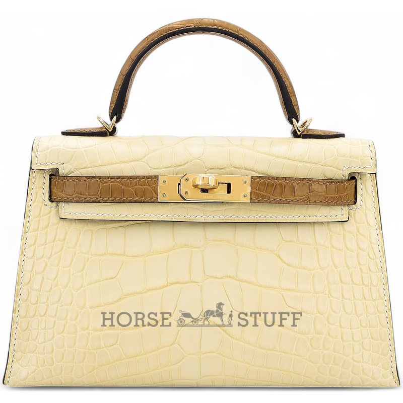 Hermès Kelly Sellier Mini II Special Order HSS Vanilla / Kraft Matte Crocodile Alligator GHW