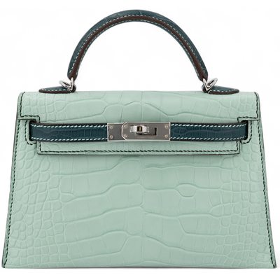 Hermès Kelly Sellier Mini II Special Order HSS Vert d'Eau / Vert Cypress Matte Crocodile Alligator PHW