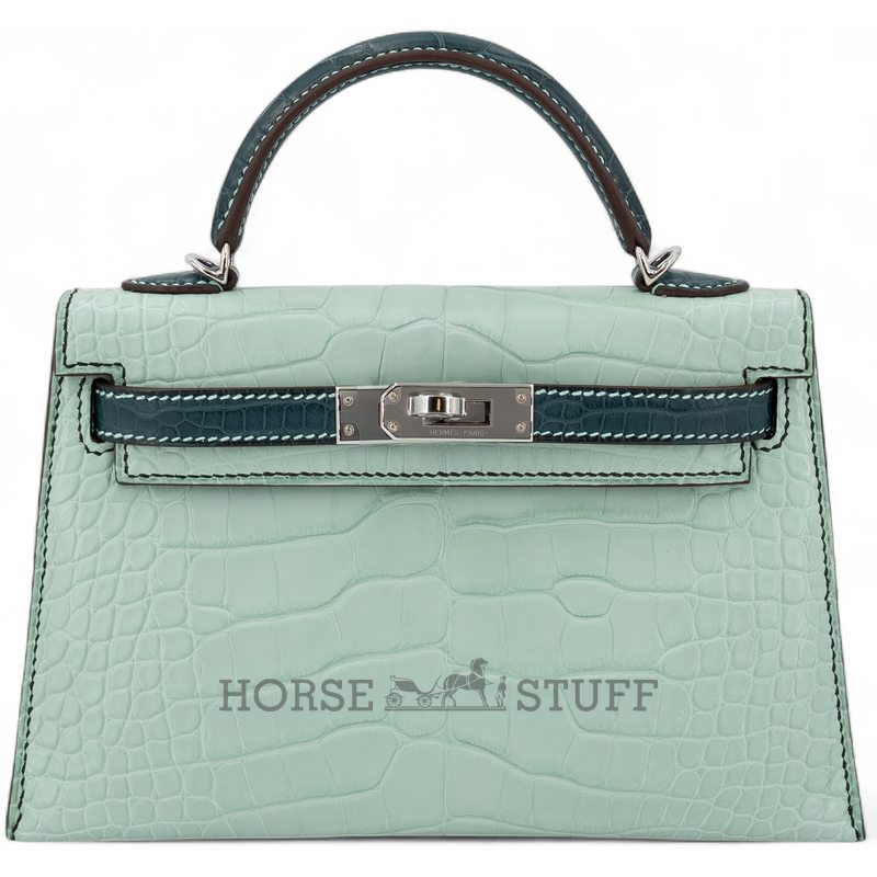 Hermès Kelly Sellier Mini II Special Order HSS Vert d'Eau / Vert Cypress Matte Crocodile Alligator PHW