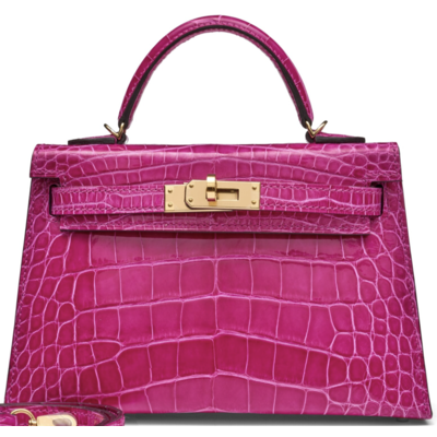 Hermès Kelly Sellier Mini II Rose Scheherazade Lisse Crocodile Alligator Permabrass