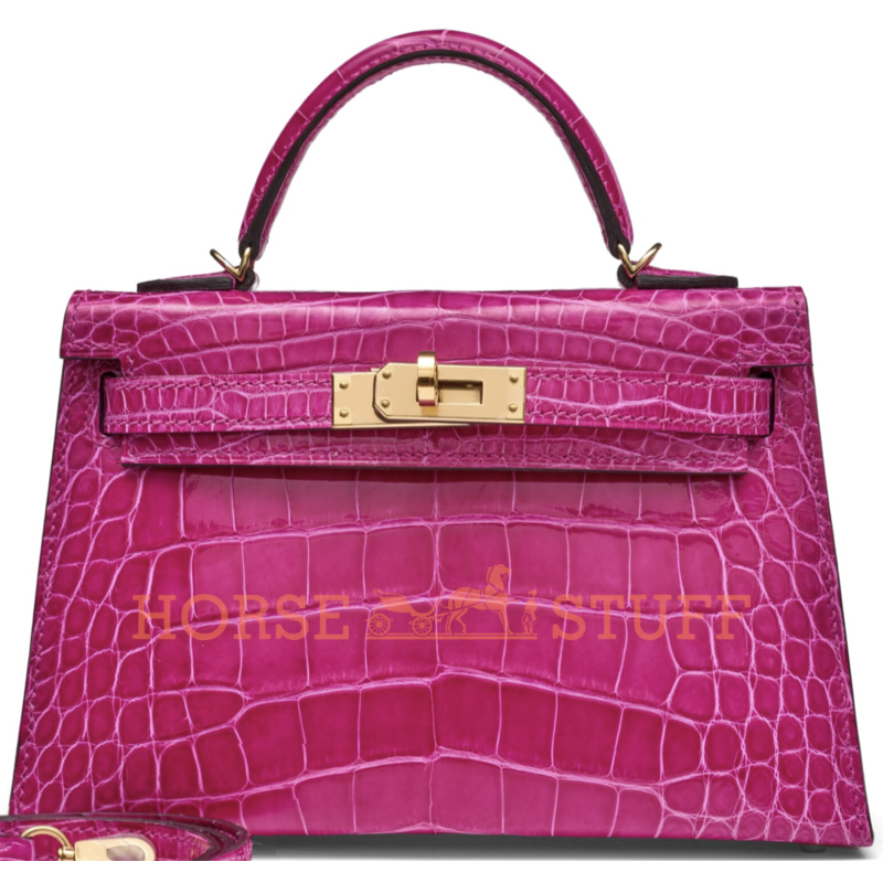 Hermès Kelly Sellier Mini II Rose Scheherazade Lisse Crocodile Alligator Permabrass