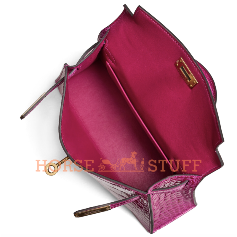 Hermès Kelly Sellier Mini II Rose Scheherazade Lisse Crocodile Alligator Permabrass