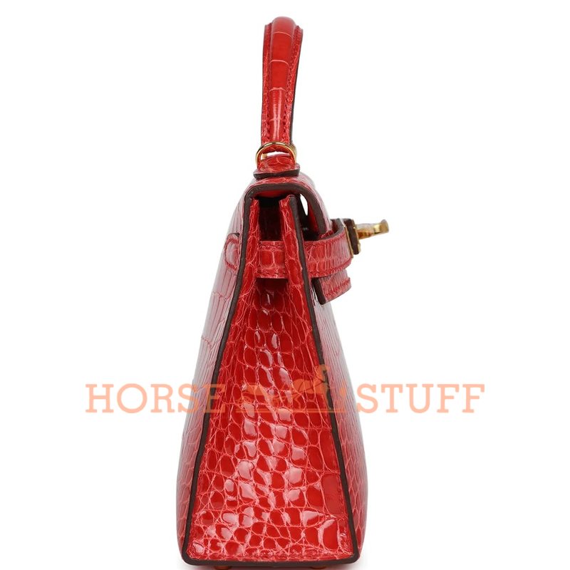 Hermès Kelly Sellier Mini II Rouge de Coeur Lisse Crocodile Alligator GHW