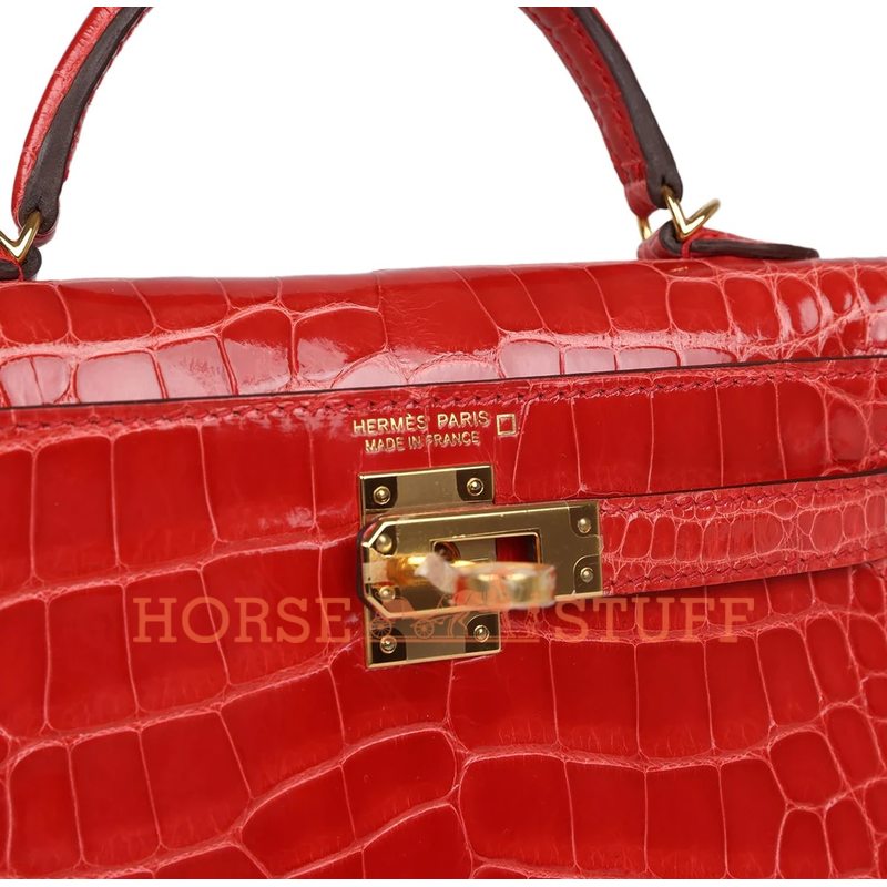 Hermès Kelly Sellier Mini II Rouge de Coeur Lisse Crocodile Alligator GHW