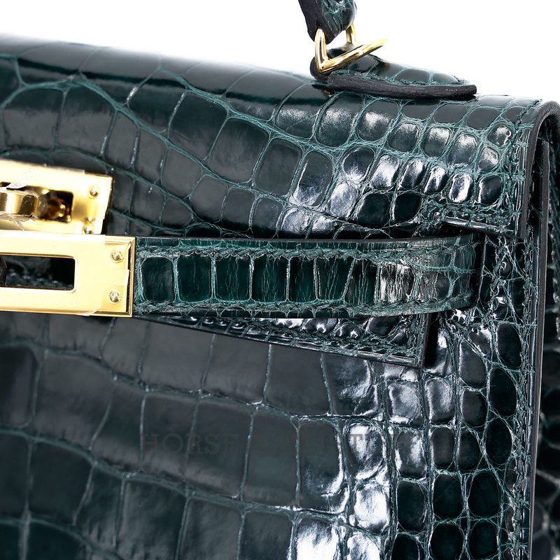 Hermès Kelly Sellier Mini II Vert Cypress Shiny Crocodile Alligator GHW