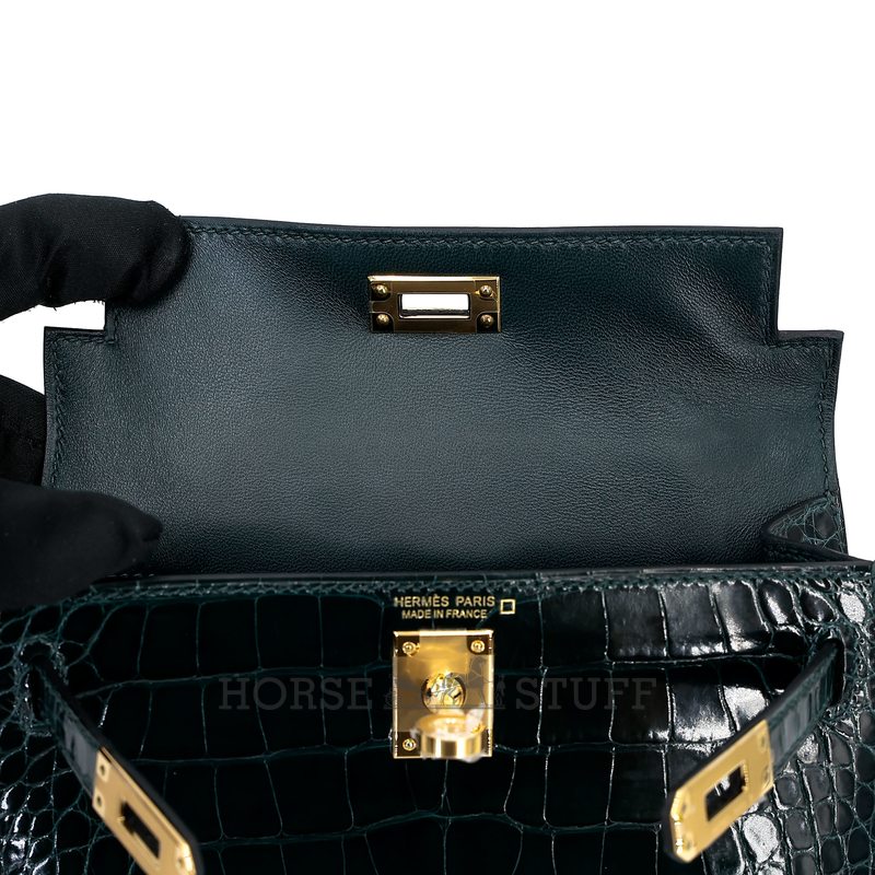 Hermès Kelly Sellier Mini II Vert Cypress Shiny Crocodile Alligator GHW