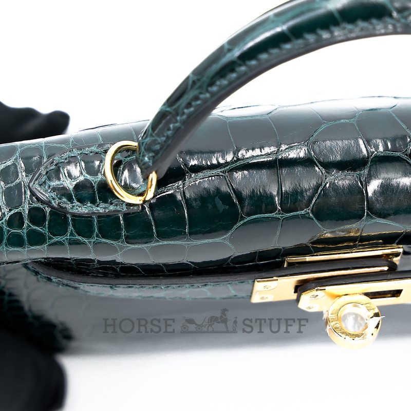 Hermès Kelly Sellier Mini II Vert Cypress Shiny Crocodile Alligator GHW