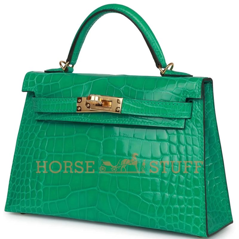 Hermès Kelly Sellier Mini II Vert Jade Lisse Crocodile Alligator GHW