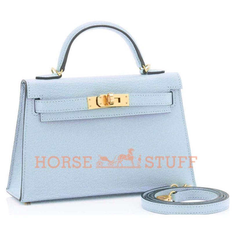 Hermès Kelly Sellier Mini II Blue Brume Chèvre GHW