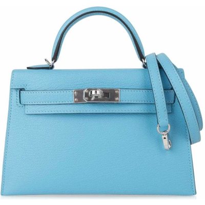 Hermès Kelly Sellier Mini II Blue Celeste Chèvre PHW