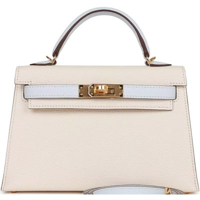 Hermès Kelly Sellier Mini II Special Order HSS Nata / Blue Brume Chevre GHW