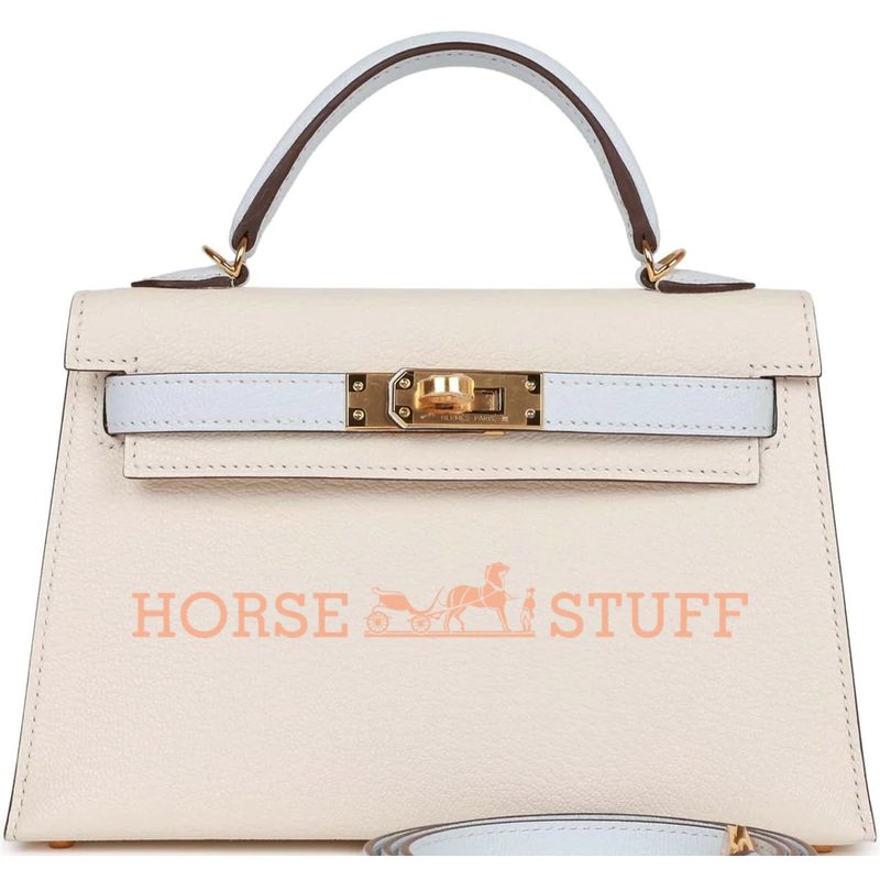 Hermès Kelly Sellier Mini II Special Order HSS Nata / Blue Brume Chevre GHW