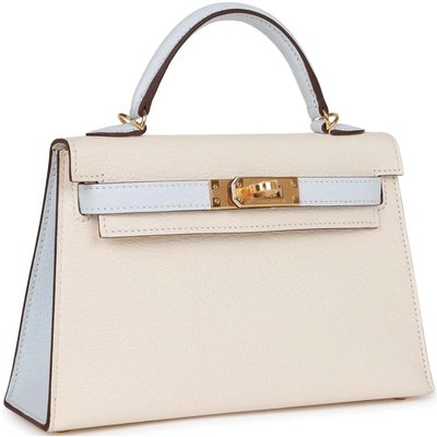 Hermès Kelly Sellier Mini II Special Order HSS Nata / Blue Brume Chevre GHW