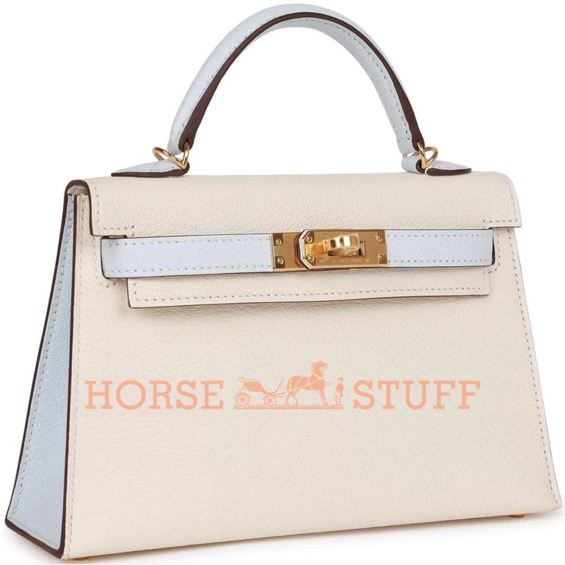 Hermès Kelly Sellier Mini II Special Order HSS Nata / Blue Brume Chevre GHW