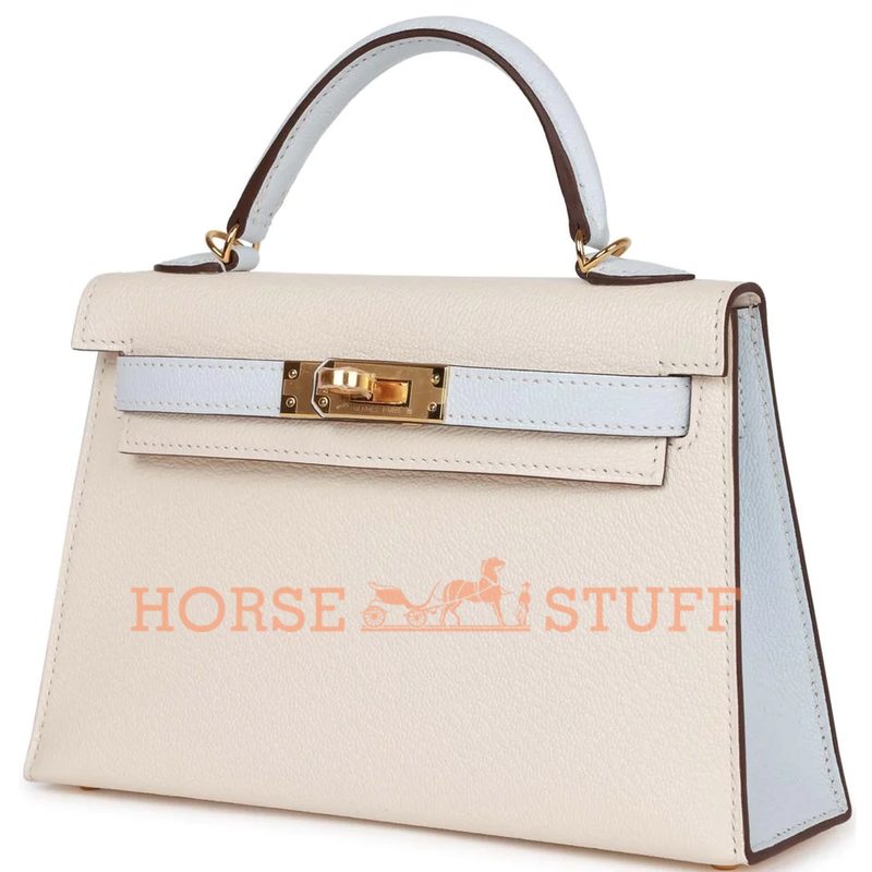 Hermès Kelly Sellier Mini II Special Order HSS Nata / Blue Brume Chevre GHW