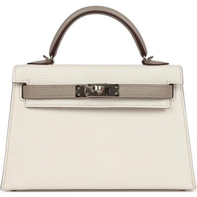 Hermès Kelly Sellier Mini II Special Order HSS Nata / Gris Tourterelle Chevre Permabrass