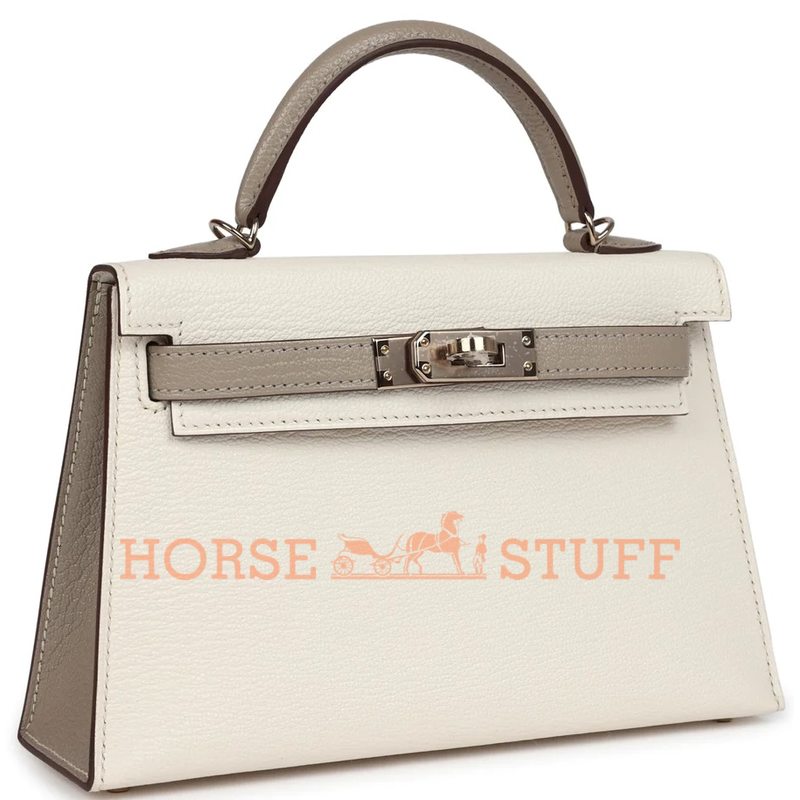 Hermès Kelly Sellier Mini II Special Order HSS Nata / Gris Tourterelle Chevre Permabrass