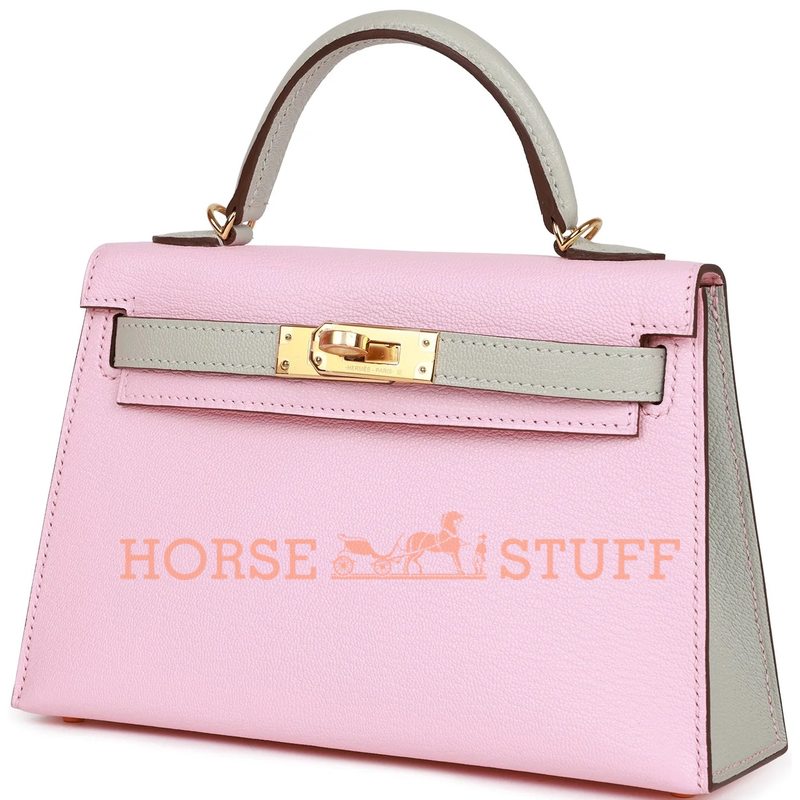 Hermès Kelly Sellier Mini II Special Order HSS Rose Sakura / Gris Perle Chevre GHW