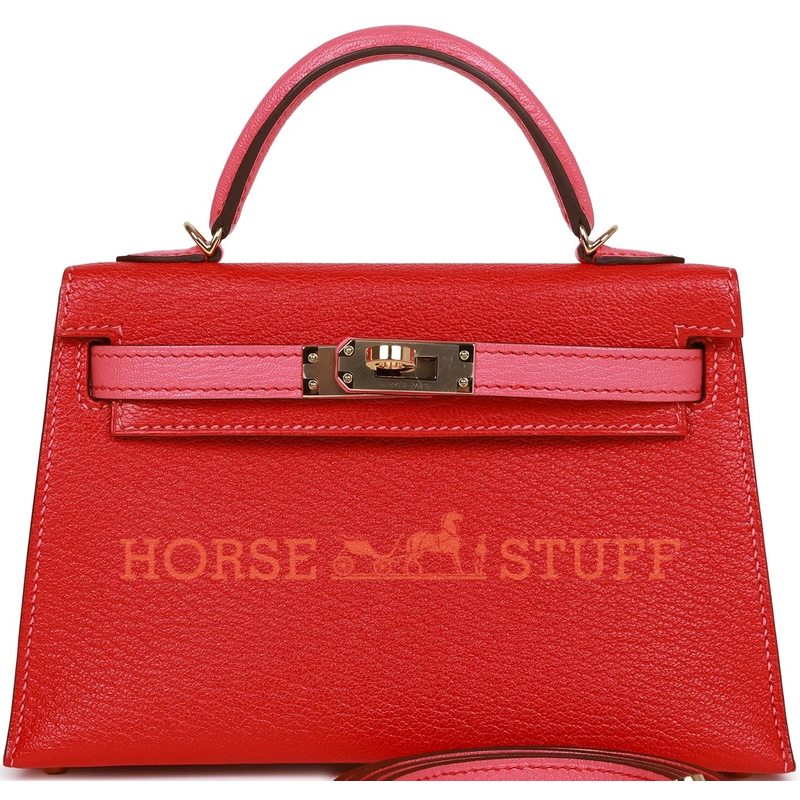 Hermès Kelly Sellier Mini II Special Order HSS Rouge de Coeur / Rose Lipstick Chevre Permabrass