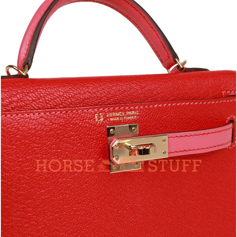 Hermès Kelly Sellier Mini II Special Order HSS Rouge de Coeur / Rose Lipstick Chevre Permabrass