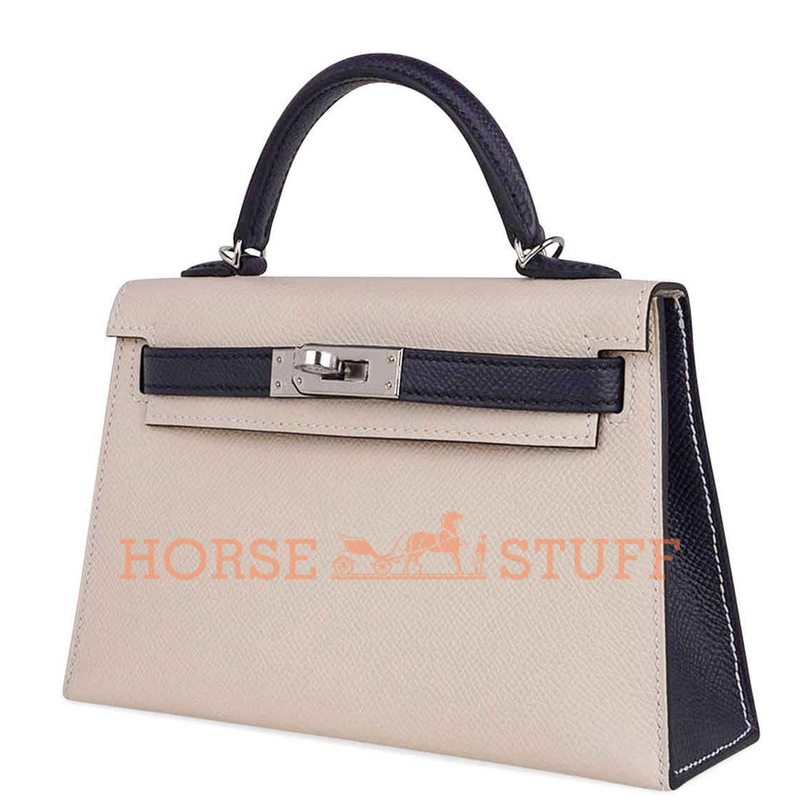 Hermès Kelly Sellier Mini II Special Order HSS Craie / Blue Indigo Epsom PHW