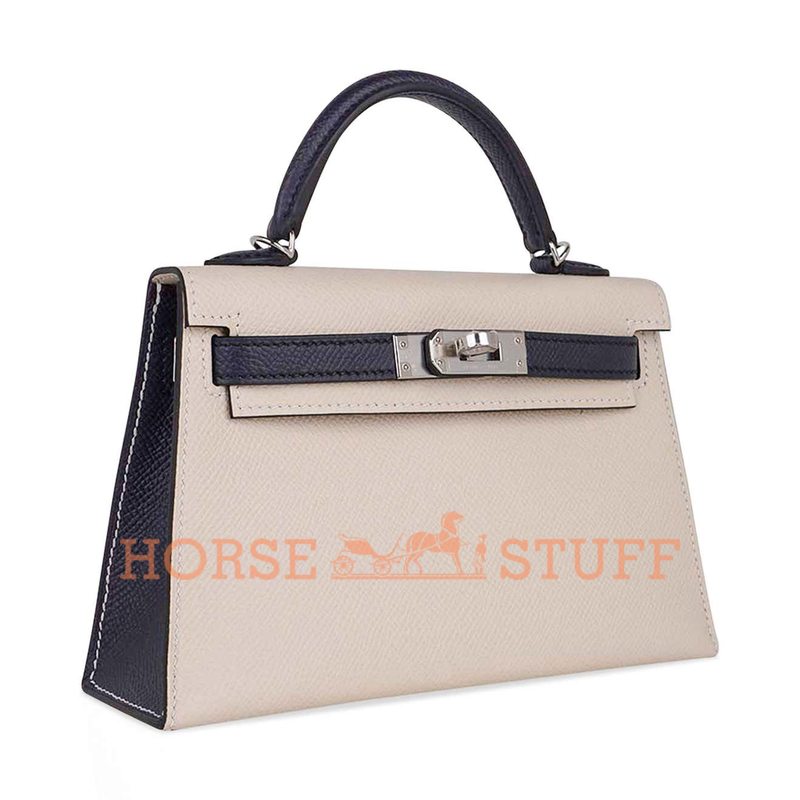 Hermès Kelly Sellier Mini II Special Order HSS Craie / Blue Indigo Epsom PHW