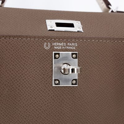 Hermès Kelly Sellier Mini II Special Order HSS Etoupe / Craie Epsom PHW