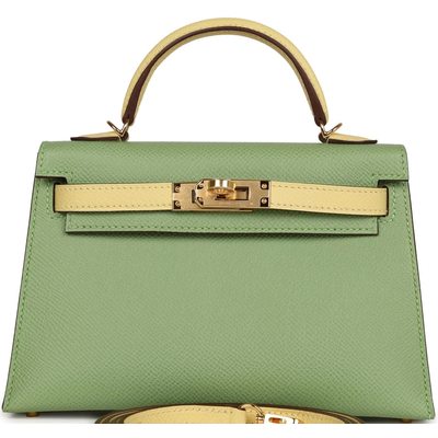 Hermès Kelly Sellier Mini II Special Order HSS Vert Criquet / Limoncello Epsom GHW