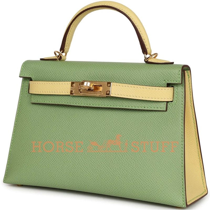 Hermès Kelly Sellier Mini II Special Order HSS Vert Criquet / Limoncello Epsom GHW