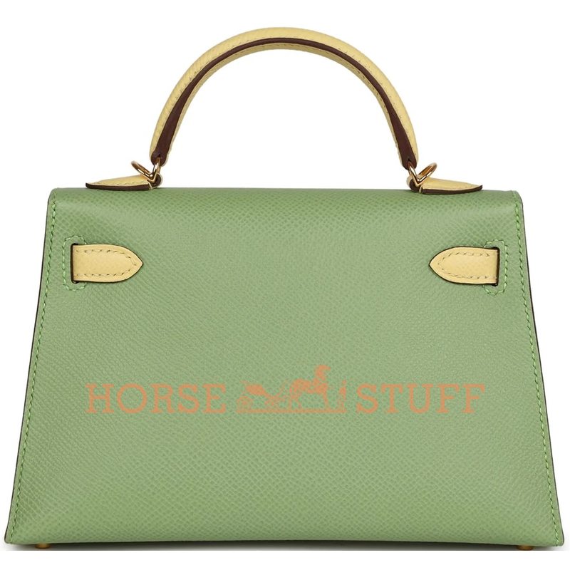 Hermès Kelly Sellier Mini II Special Order HSS Vert Criquet / Limoncello Epsom GHW