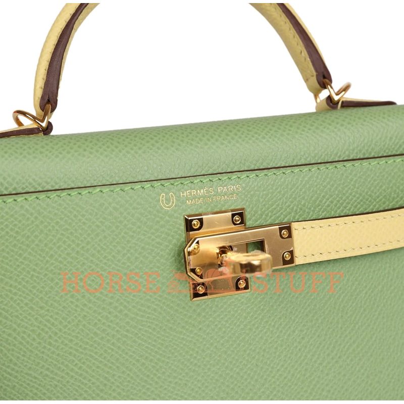 Hermès Kelly Sellier Mini II Special Order HSS Vert Criquet / Limoncello Epsom GHW