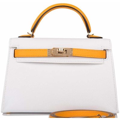 Hermès Kelly Sellier Mini II Special Order HSS White / Jaune d'Or Permabrass