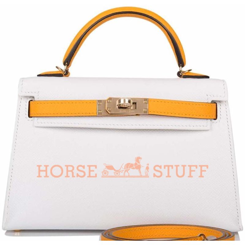 Hermès Kelly Sellier Mini II Special Order HSS White / Jaune d'Or Permabrass