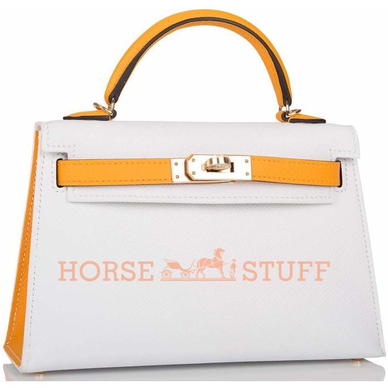 Hermès Kelly Sellier Mini II Special Order HSS White / Jaune d'Or Permabrass