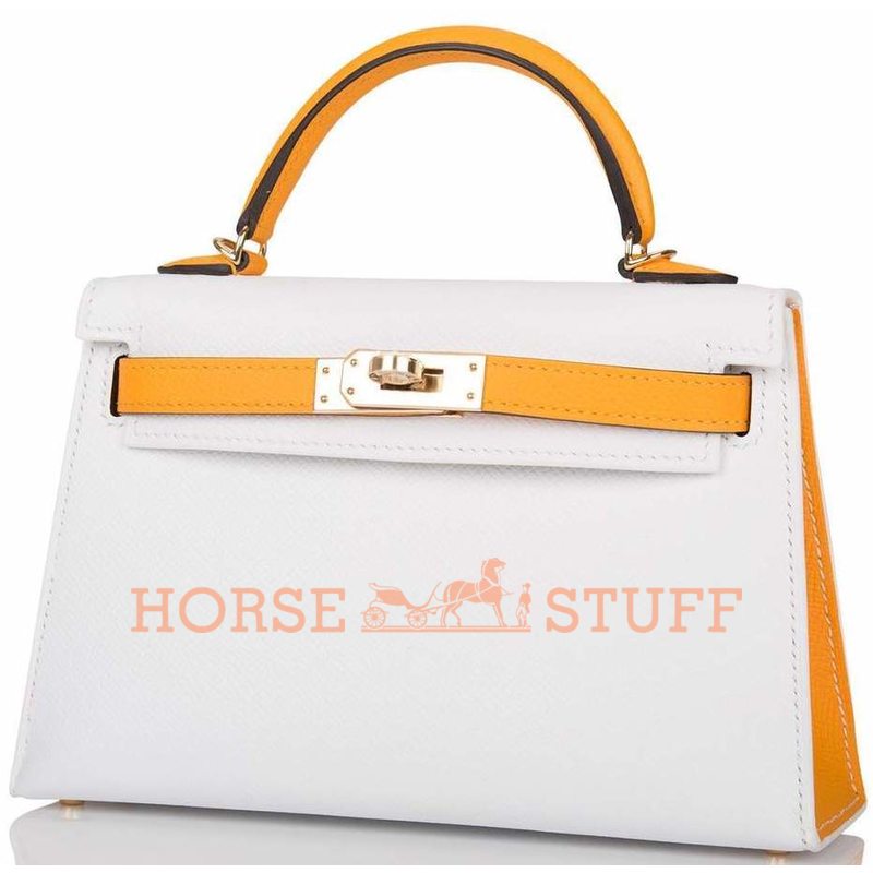 Hermès Kelly Sellier Mini II Special Order HSS White / Jaune d'Or Permabrass