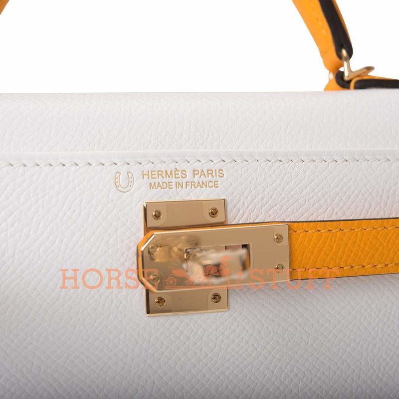 Hermès Kelly Sellier Mini II Special Order HSS White / Jaune d'Or Permabrass