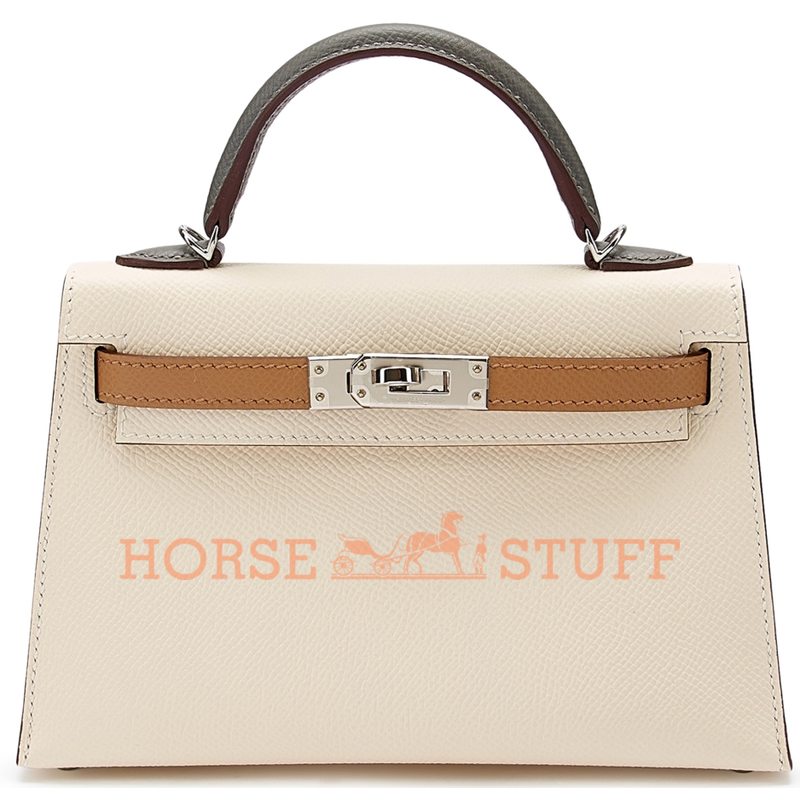 Hermès Kelly Sellier Mini II Limited Edition Tricolor Nata / Chai / Gris Meyer Epsom PHW